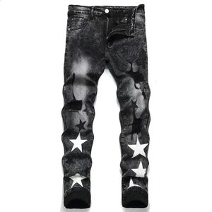 Men's Jeans Star Embroidered Leather MicroChannel Stitching Cotton High Stretch Slim Pants 3D Street Gradient 231214