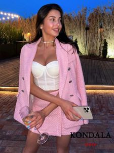 Tvådelad klänning Kondala vintage chic rosa blazer kostym kvinnor mode höst vinter överdimensionerade långa blazerhigh midjeshorts kjol elegant uppsättning 231215