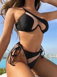 Women's Swimwear Splicing Black Mesh Underwired Bikini women swimsuit female swimwear Two pieces Bikini set High cut Bather Bathing suit Swim T231215