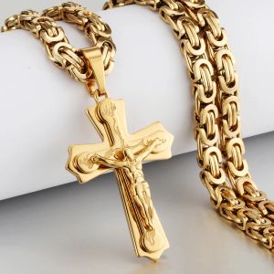 Collane a ciondolo religioso Gesù 14k giallo oro collana croce uomo oro colore crocifisso pendente con collane a catena Collana maschile