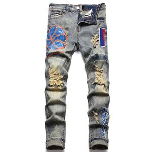 Mens Jeans denim broderi byxa mode invertera triangel designer rippade cyklist smala rak denim för män s tryck kvinnor armé mode mans mager byxor