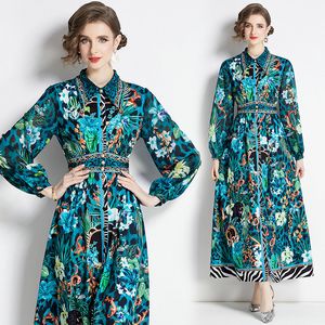 Butique damskie sukienki z nadrukiem 2024 Spring Autumn Maxi Sukienka Wysokiej klasy dama retro drukowana długie sukienki z długim rękawem sukienki na pasie startowe
