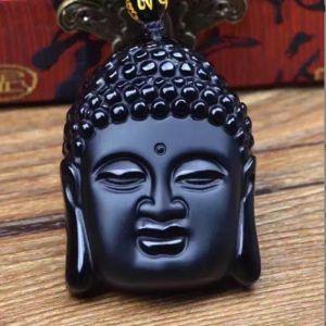 Hänge halsband lyckliga naturliga svarta obsidian como Buddha Head Pärla kedja amulet förmögenhet halsband buddhism meditation män kvinnor smycken
