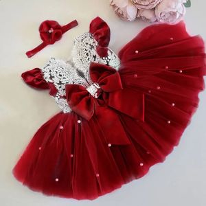 Flickans klänningar Baby Girls Princess Party Dresses Flower Lace Red Christmas Dress For Kids Cute Birthday Wedding Evening Gown Year Costume 231214