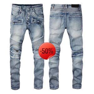 Julrabatt 50 offjeans designer mens jeans hiphop dragkedja hål tvätt jean byxor retro rivna vikar sömmar män design motorcykel ridande cool smal byxa lila f