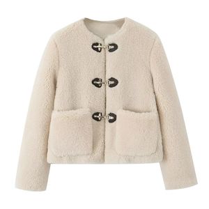 Fleece coat kvinnor 2024 vinter o-hals varm jacka kvinnlig solid med fickor tjocka nya ytterkläder damer avslappnade rockar