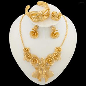 Necklace Earrings Set Trend Golden Color Jewelry For Ladies Exquisite Flower Design And With Bangle Ring Weddings Party