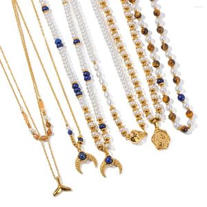 Colares Pingente Youthway Moda Aço Inoxidável Imitação Pérola Natural Lapis Sereia Beads String Colar 18K Banhado A Ouro Jóias