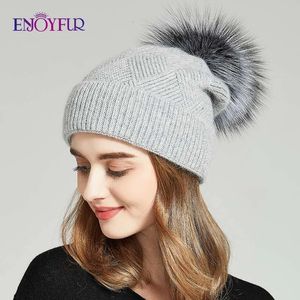 Beanieskull Caps Njut av Vinterhattar för kvinnor naturlig päls pompom hatt varma ull slouchy mössor för kvinnliga modeskallies lady hattar 231215