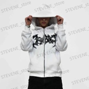 Erkek Hoodies Sweatshirts y2k Amerikan Koyu Tarz Tasarım Beyaz Gevşek Fermuar Hoodie High Street Baskı Vibe Çift Ceket Giysileri Toptan/Perakende T231215