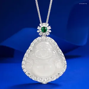 Catene Il ciondolo Buddha di giada in schiuma naturale Myanmar intarsiato in argento S925 con collana alta di midollo bianco