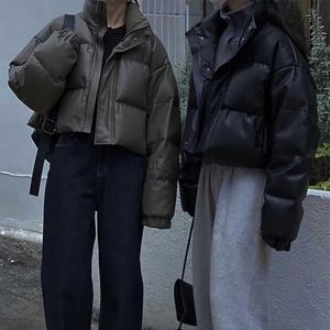 Women's Down Parkas Mexzt Streetwear Short Parkas Women Croped Pu Leather Cotton vadderad kappa Vinter tjock pufferjacka koreansk varmt ner.