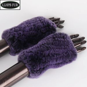 Five Fingers Gloves Arrival Girls 100% Real Genuine Knitted Rex Rabbit Fur Mittens Winter Warm Real Fur Fingerless Gloves Women Knit Fur Mitten 231214