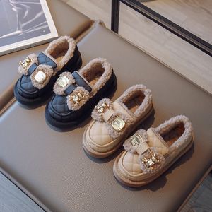 Sneakers Childrens Fashion Girl Cotton Leather Shoes Round Toe Cute Childrens Cute Bow and Metal Slide Casual Breathable Shoes 231214
