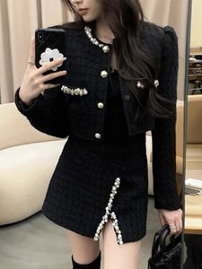 Two Piece Dress High Street Luxury Pearls Beading Wooled Two Piece Set For Women Short Jacket Coat Skirt Suits Small Fragrance 2 Piece Outfits 231215
