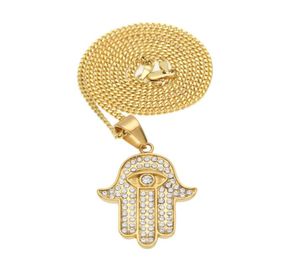 Pingente de mão hamsa em aço inoxidável, cor dourada, gelado, strass, mão de fátima, joias com 3mm, 24 polegadas, corrente cubana 1779155