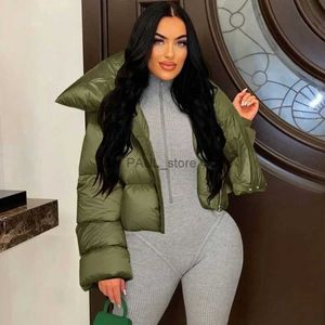 Mulheres para baixo parkas moda inverno cachecol colarinho zíper puffer jaquetas bege kahki bolha casacos casuais feminino 2023 high street outerwear curto parkaL231215