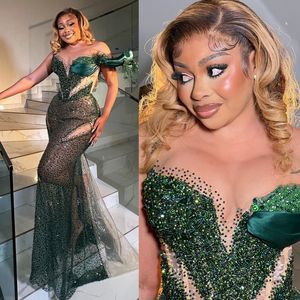 Shine Emerald Green Aso Ebi Prom Dresses Sheer Neck Mermaid Illusion Evening Formal Dress for African Black Girls Birthday Party Gowns Second Reception Gown ST641