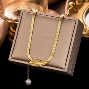 Chains ANENJERY L316 Stainless Steel Leaves Pearl Tassel Pendant Necklace For Women Vintage Simple Jewery Wholesale