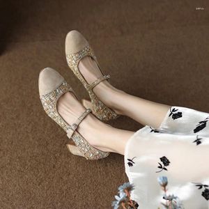 SURET BUTY OCHANMEB KOBUME KODUME Tweed Pumps Mary Jane Gruby High Heels Projektantka zamszowa kobieta okrągła buta buta nagłe buty 34-39