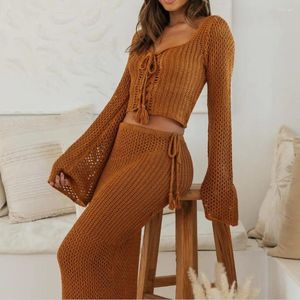 Mulheres Swimwear Yiiciovy Sexy Womens 2 PCS Summer Outfits Beach Cover-Ups Manga Longa Cruz Tie-up Front Knit Crop Tops Saia Set Beachwear