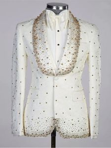 Męskie garnitury Blazers Luksusowe kość słoniową 2 elementy 2 sztuki Jacquard Blazer Vester One Button Wide Lapel Beads Diamonds Pearls Made Plus Size 231215