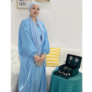 Roupas étnicas Brilhante Aberto Abaya Muçulmano Mulheres Verão Cardigan Vestidos Turquia Árabe Kaftan Islam Robe Cinto Dubai Kimono Ramadan Jalabiya