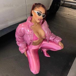 Kvinnor Down Parkas Pink Reflective Puffer Jackets Crop Bubble Winter Puff Coats Y2K Streetwear kläder 2023 Kvinnor beskurna svarta bubblajackor T231215