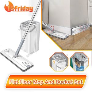 Mops Hand Free Flat Floor Mop and Bucket Set Professional Home Cleaning Microfiber Pads Household Tools 231215