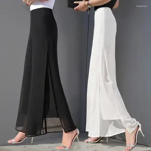 Women's Pants 2023 Chiffon Culottes High-Waisted Trousers L Skirt Gauze Loose Shuai Ku Straight Casual Slit Wide Leg Female E167