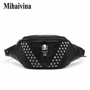 Mihaivina Punk Rivet Skull Men Men Waist Bag Women Black Fanny Pack Leather Chest S女性肩のメッセンジャーBum S 220216278W