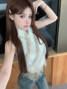 Women's Fur Lmitation Mink Hair Halter Shoulder Leather Vest Autumn Winter Sexy Short Sleeveless Top