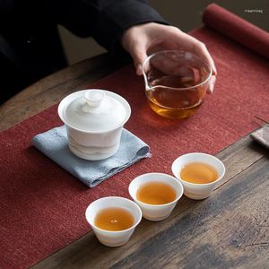 Teaware Sets Sheep Fat Jade Porcelain Service Gaiwan Tea Cups Mug Of Ceremony Teapot Chinese Portable Leather Bag Travel Set