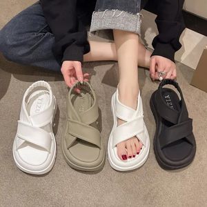 Sandals Low Sandals Woman Leather Strappy Heels Cross Female Shoe Summer Muffins shoe Low-heeled Outside Elastic Band Girls Clogs 231215