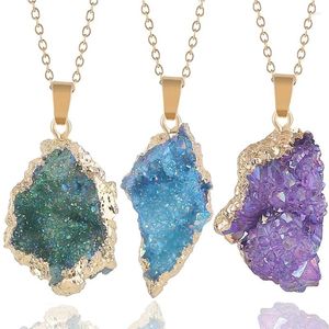 Pendant Necklaces Reiki Healing Crystal Druzy Quartz Stone Necklace Jewelry Women Irregular Natural Raw Plated Gold Edge