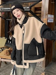 Kvinnors päls lanmrem streetwear lamm läder jackor kvinnor kontrast färg skarv design kappa mode 2023 vinterkläder 23870