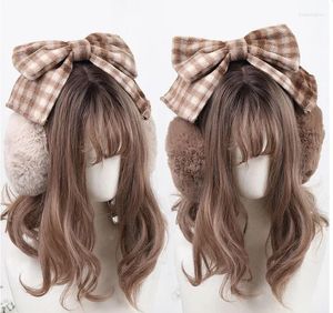 Winter Sweet Bow Headband Woolen Plaid Hair Faux Fur Removable Earmuff Keep Warm For Christmas Gift