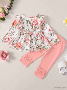 Kleidungssets Baby Kleine Mädchen Niedliches Outfit Rüschensaum Langarm Blumenhemd Elastische Taille Hosen Kleinkind Baby 2-teiliges Set für Herbst Winter R231215