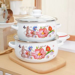 Çorba Stok Saksılar Emaye Pot Mutfak Retro Pastoral Çiçekler Tencere Büyük Kapasite Binaural Tureen Cam Kapak ile Evrensel Ramen Kase 231215