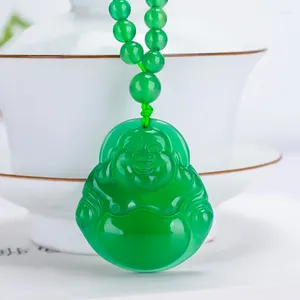 Pingente colares natural verde jade buda colar homens mulheres jóias finas esmeralda myanmar jadeite maitreya rindo suéter corrente