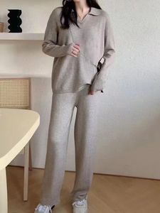 Frauen Zweiteilige Hosen 2 Sets Outfits 2023 Herbst Winter Gestrickte Polo Neck Fashion Solid Pullover Set Damen Kleidung streetwear 231215