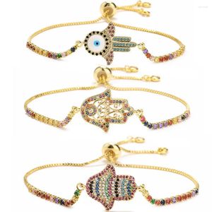 Браслеты-подвески, позолоченные медные наполненные разноцветные камни CZ, Хамса, рука Фатимы, счастливый браслет, женский браслет с кубическим цирконием, модные украшения для нее