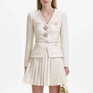Casual Dresses Women Suit Cardigan Dress Golden Metallic Byzantine Pearl Brooch Pleated A-Line Elegant 2024 British Royal Style Tailored