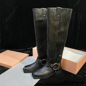 Biker-style Boots Designer Calfskin Pleated Real Leather Shoes Luxury Shoes Leathe Buckle Boots Winter knight Boots Square Head Boots Big Metal Hardware Accents