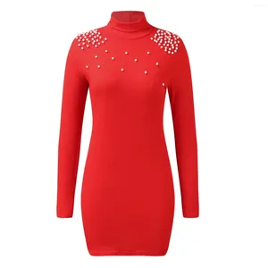 Casual Dresses Women's Christmas Red Long Sleeved Pearl Design Fashion Package Hip Dress Elegant Turtleneck Party for Women Autumn 2023