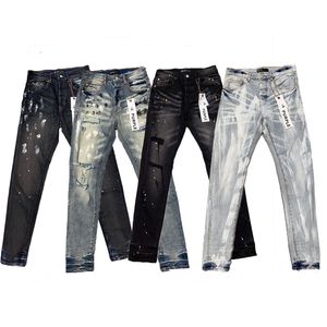 Jeans firmati da uomo Jeans viola alti firmati Getto d'inchiostro di qualità Jeans micro-corno Graffiti Denim di lusso Galleria Pantaloni del dipartimento del sudore strappati nero blu