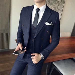 Men's Suits (Blazer Vest Pants) Beige 3 Pieces Double-Breasted Dress Jackets Notch Slim Fit Casual Tuxedos Wedding Tailcoat