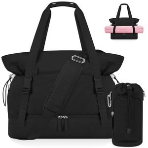 Gym Bag for Women Yoga Mat Bag with Water Bottle Bag Weekender Overnight Bag with Shoe Compartment Wet Pocket Travel Duffle Bags Black 40L