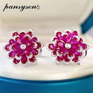 Bransoletki Pansysen Vintage Pure Sterling Sier Sier Flower Shape Ruby Symulowane MOISSANITE Diamentowe kolczyki dla kobiet w pięknej biżuterii