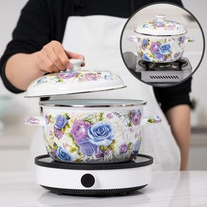 Soppa lagerkrukor Emaljgryta Nonstick köksredskap för kök förtjockat hushållets höjdpunkt vintage blomma med lockhanterare ramen potten 231215